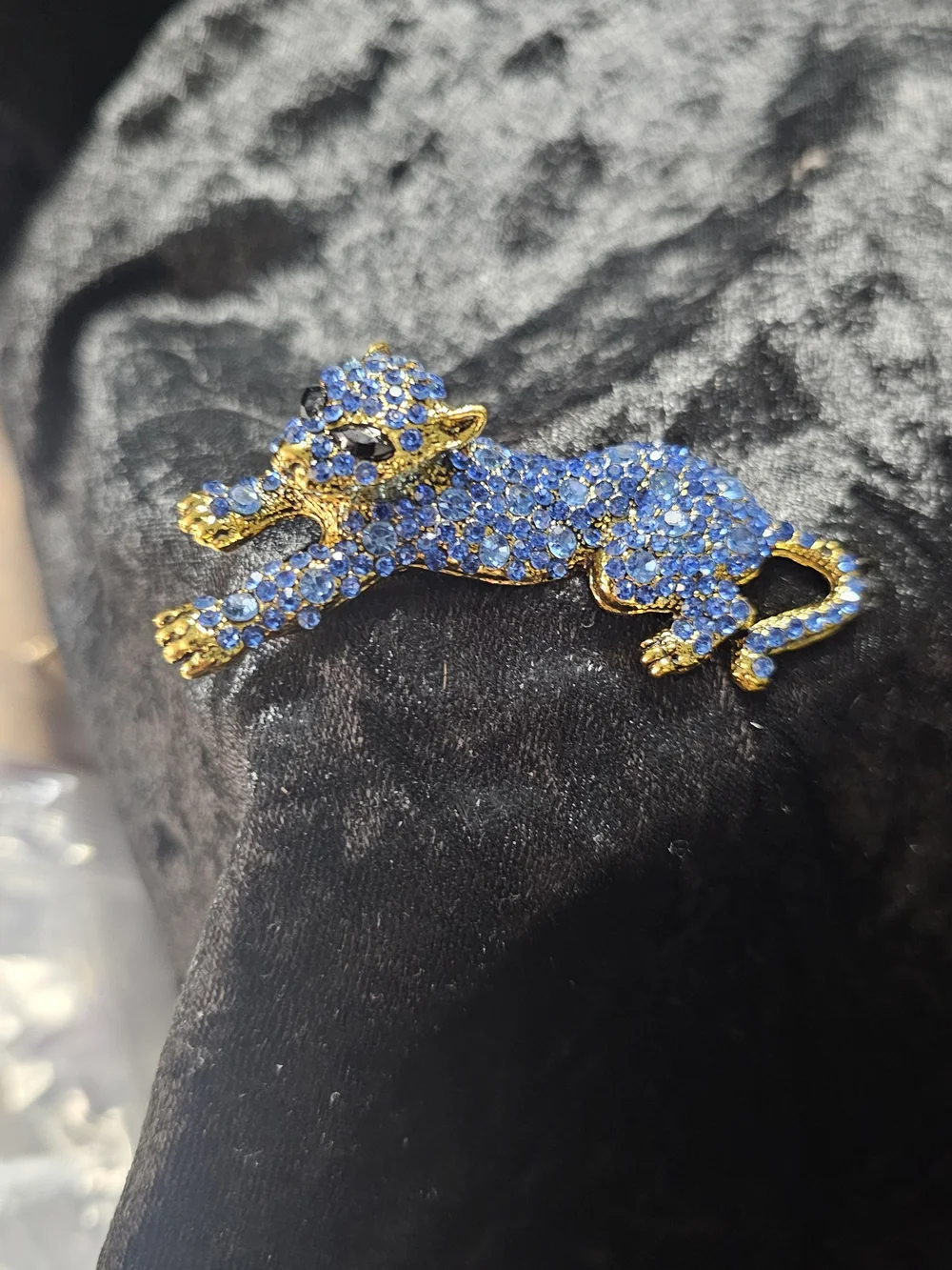 Blue Crystal Panther Brooch with Gold Accents